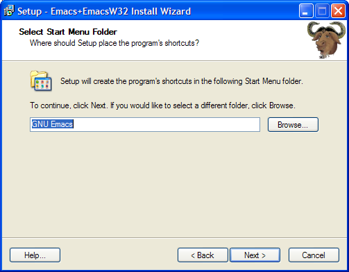 Select Start Menu Folder Name - GNU Emacs