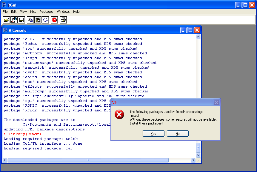 Click Yes to install new packages Rcmdr needs.